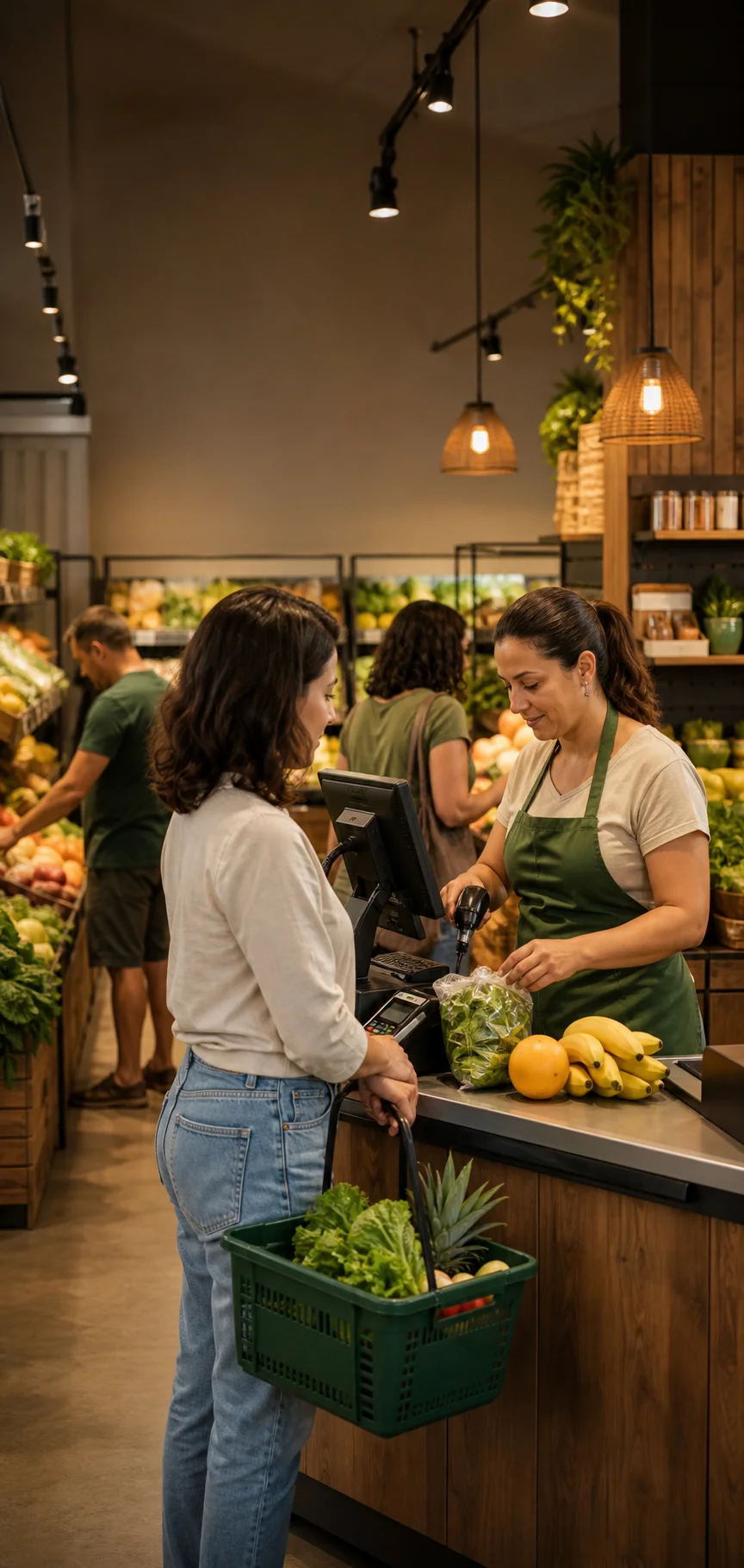 Atendente de mercado realizando uma venda no caixa