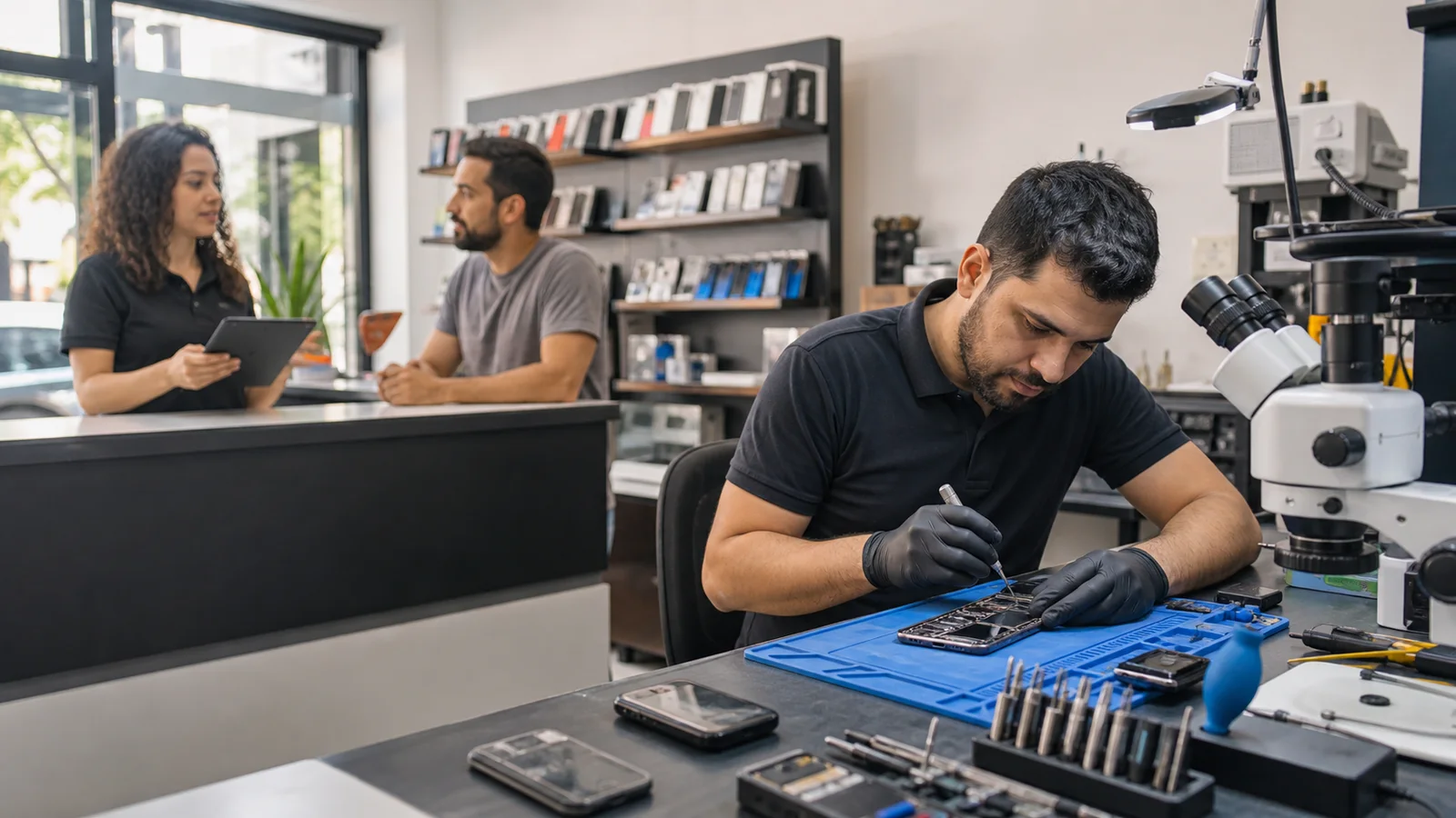 Técnico reparando celular enquanto a equipe registra uma ordem de serviço