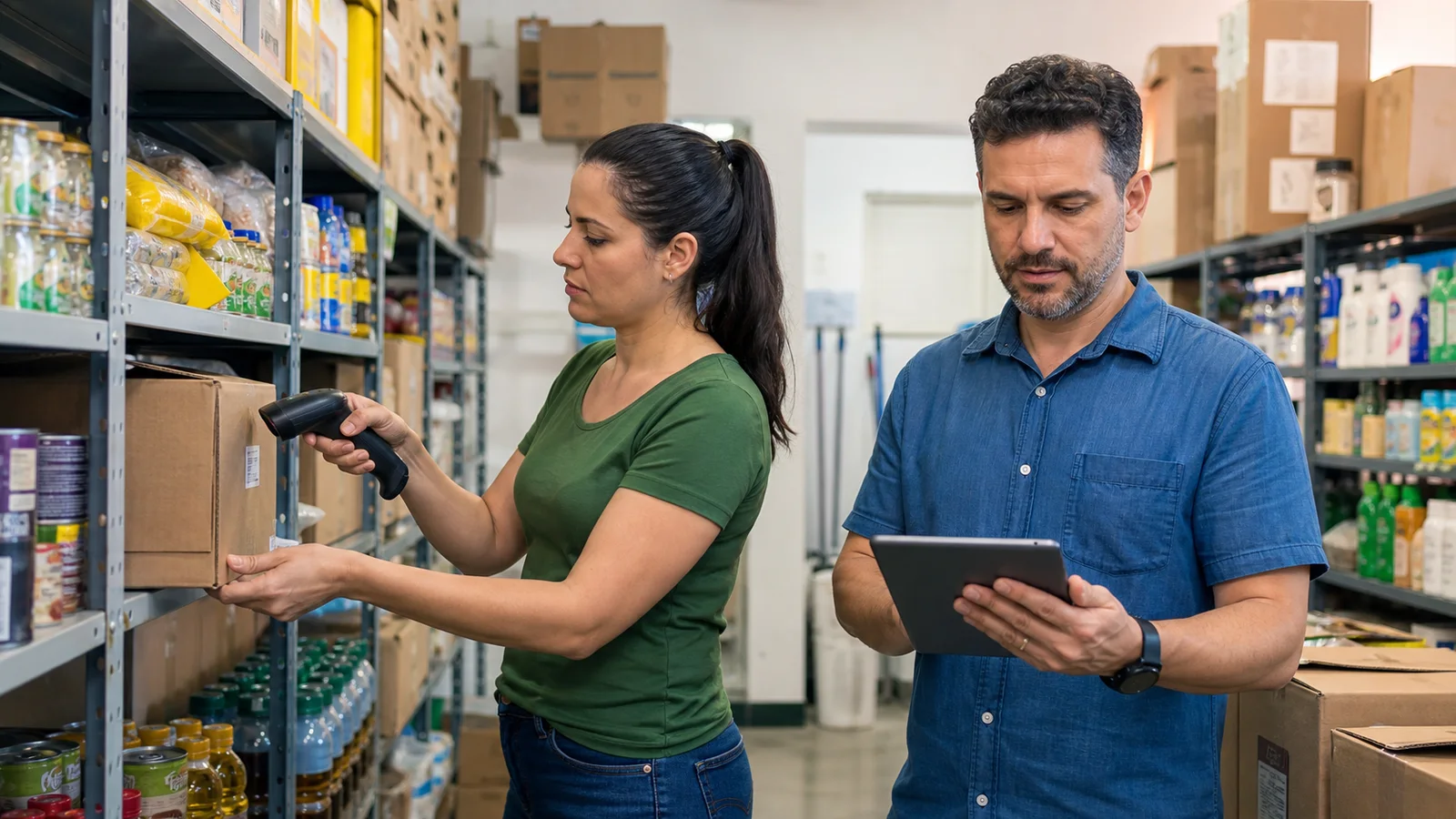 Equipe conferindo mercadorias com leitor e tablet